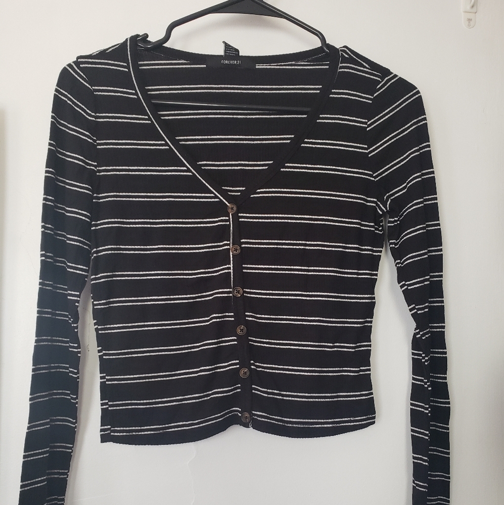 Black and White Striped Button-Up Top